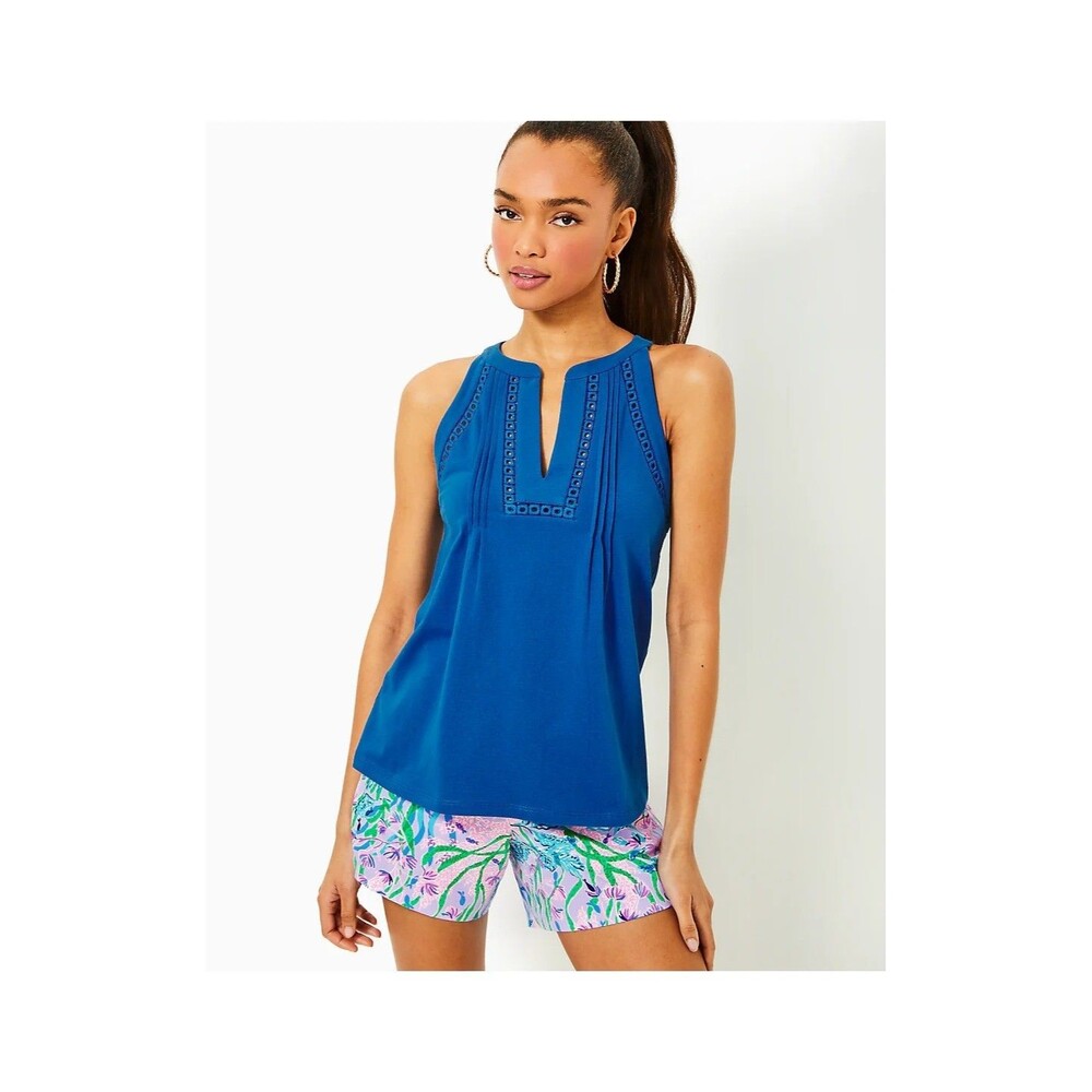 Lilly Pulitzer Women's Isaac Knit Top Tank Pintuck Resort Cotton Blue M 288216